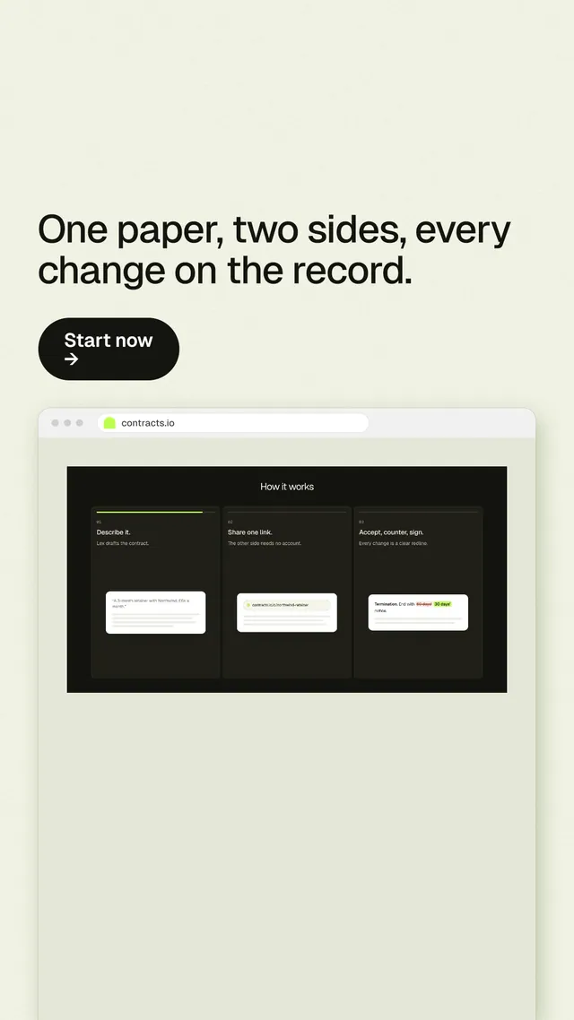 Instagram story for contracts.io: "One paper, two sides, every change on the record." Data card style, browser layout, light palette in green, white, grey.