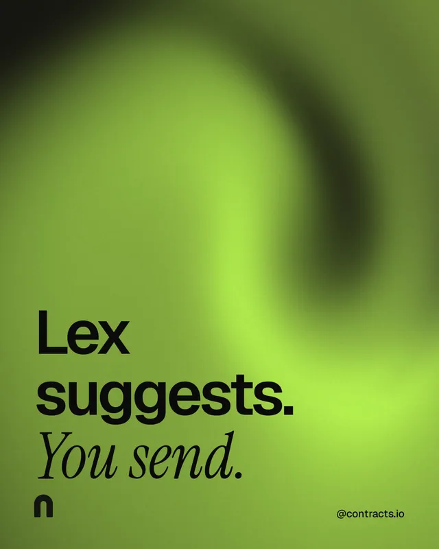 Instagram portrait post for contracts.io: "Lex suggests. You send." Auto 4x5 style, technique:shader field layout, light palette in green.