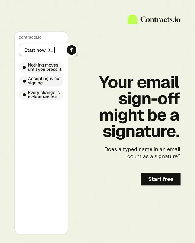Instagram portrait post for contracts.io: "Your email sign-off might be a signature." Swiss style, right layout, light palette in white, grey.