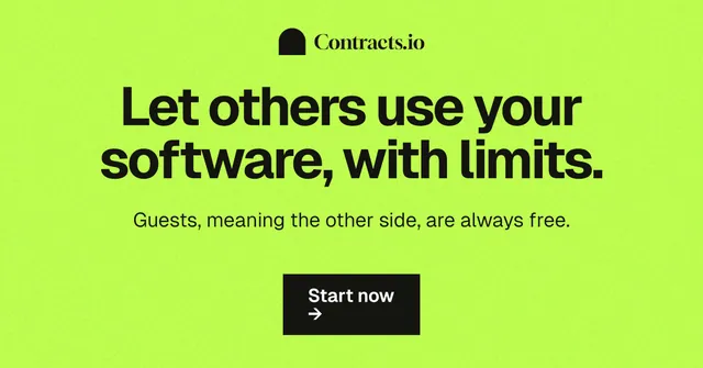 Social ad for contracts.io: "Let others use your software, with limits." Swiss style, centred layout, light palette in green.