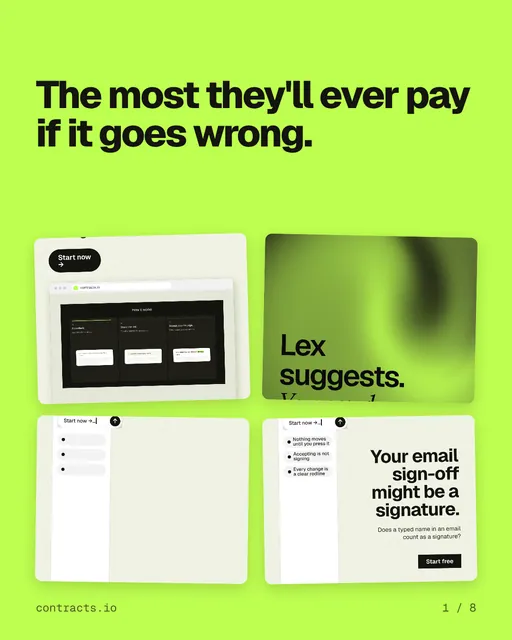 Carousel for contracts.io: "The most they'll ever pay if it goes wrong.". Collection carousel, 8 slides, light palette.
