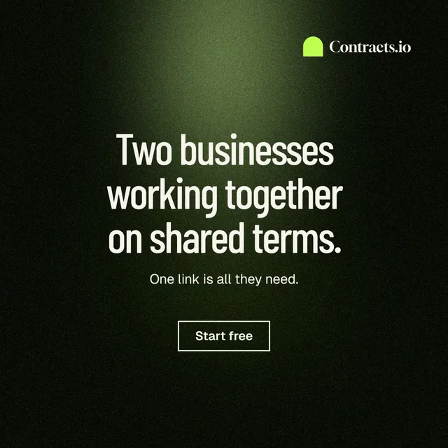 Instagram post for contracts.io: "Two businesses working together on shared terms." Dark deco style, centred layout, dark palette in black, grey.