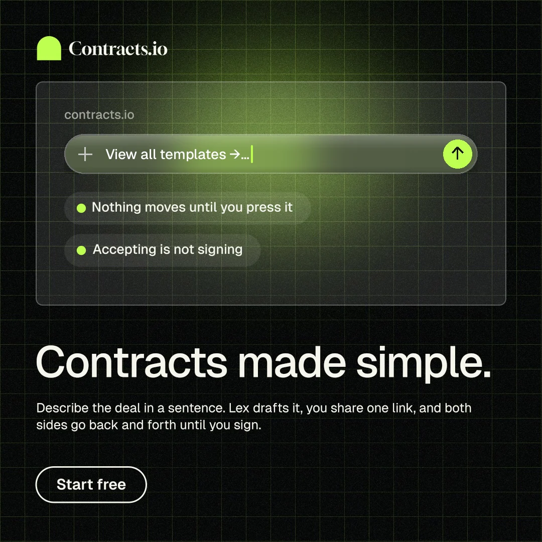 Instagram post for contracts.io: "Contracts made simple." Phosphor atlas style, bottom layout, dark palette in black, grey.