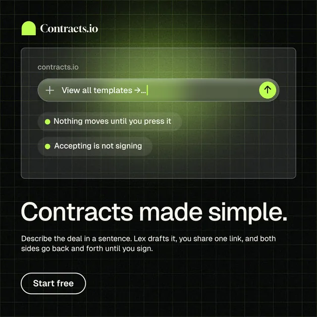 Instagram post for contracts.io: "Contracts made simple." Phosphor atlas style, bottom layout, dark palette in black, grey.