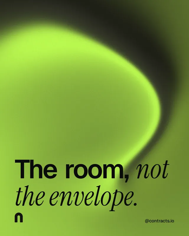 Instagram portrait post for contracts.io: "The room, not the envelope." Auto 4x5 style, technique:shader field layout, light palette in green.