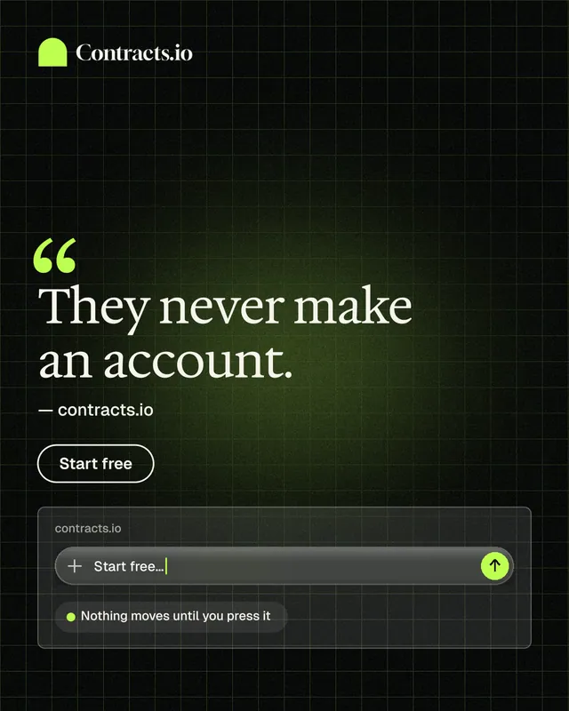 Instagram portrait post for contracts.io: "They never make an account." Phosphor atlas style, quote layout, dark palette in black.