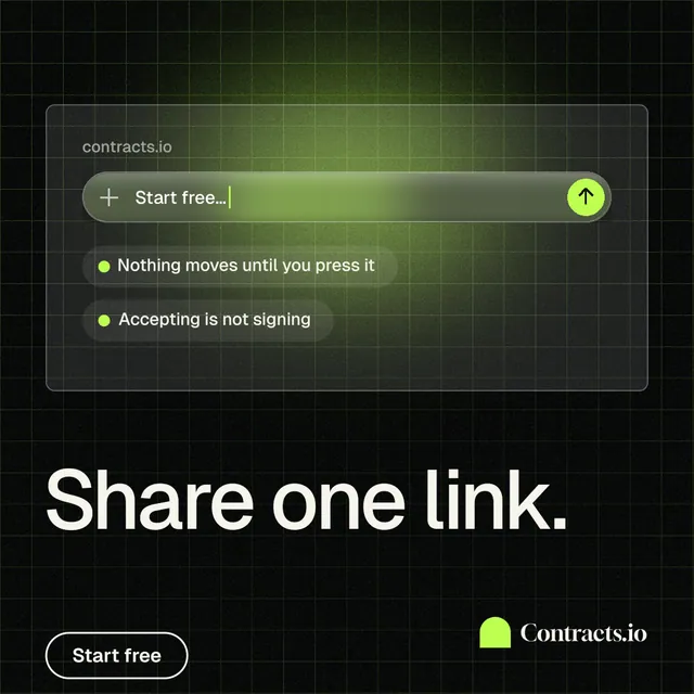 Instagram post for contracts.io: "Share one link." Phosphor atlas style, bottom layout, dark palette in black, grey.