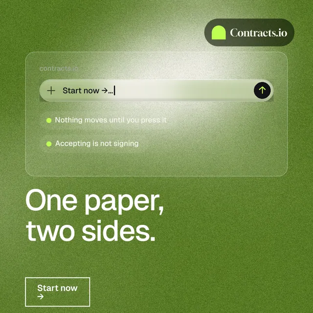 Instagram post for contracts.io: "One paper, two sides." Cyanotype style, bottom layout, light palette in green.
