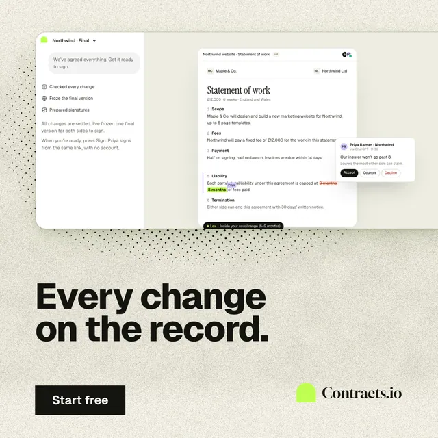Instagram post for contracts.io: "Every change on the record." Ink sticker style, bottom layout, light palette in yellow, white, grey.