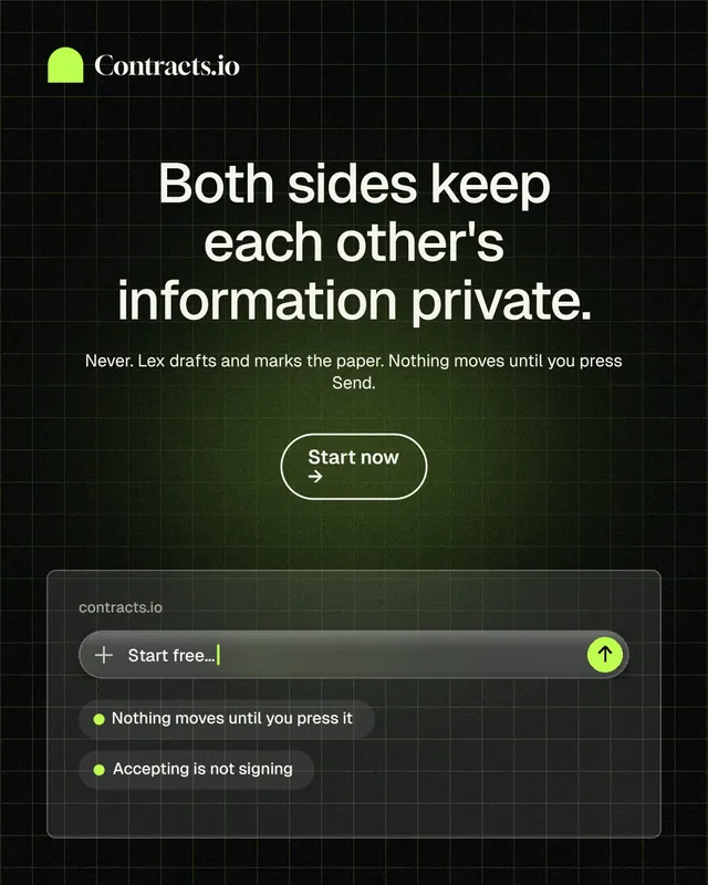 Instagram portrait post for contracts.io: "Both sides keep each other's information private." Phosphor atlas style, centred layout, dark palette in black, grey.