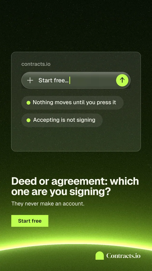 Instagram story for contracts.io: "Deed or agreement: which one are you signing?" Swiss style, bottom layout, dark palette in green, black.
