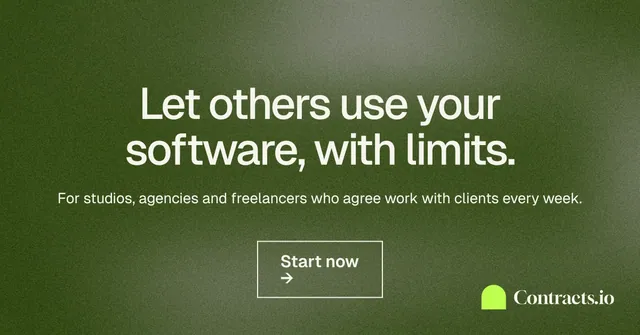 Social ad for contracts.io: "Let others use your software, with limits." Cyanotype style, centred layout, dark palette in green, grey.