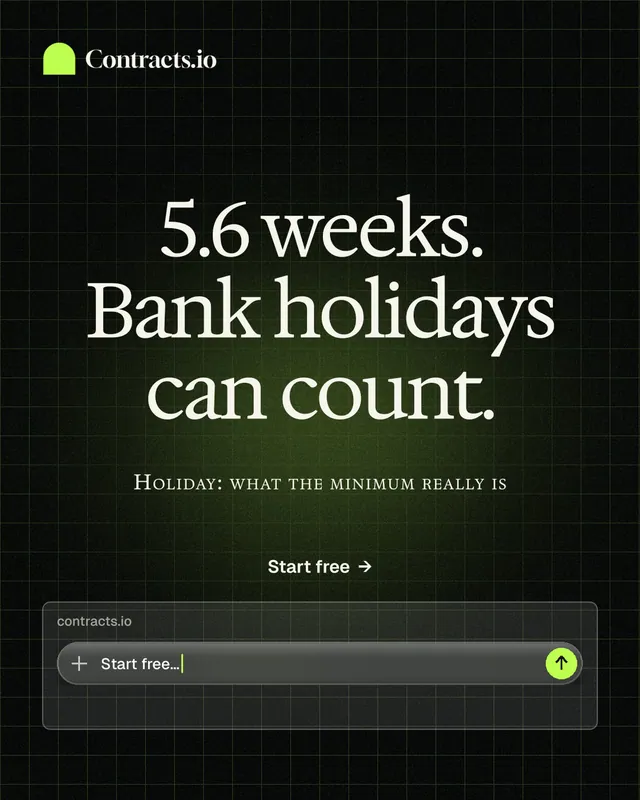 Instagram portrait post for contracts.io: "5.6 weeks. Bank holidays can count." Phosphor atlas style, smallcaps layout, dark palette in black, grey.