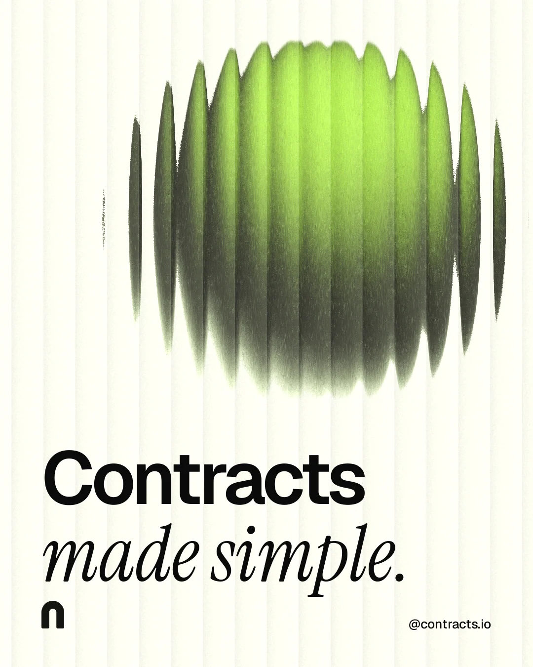 Instagram portrait post for contracts.io: "Contracts made simple." Auto 4x5 style, technique:shader field layout, light palette in white, grey, green.