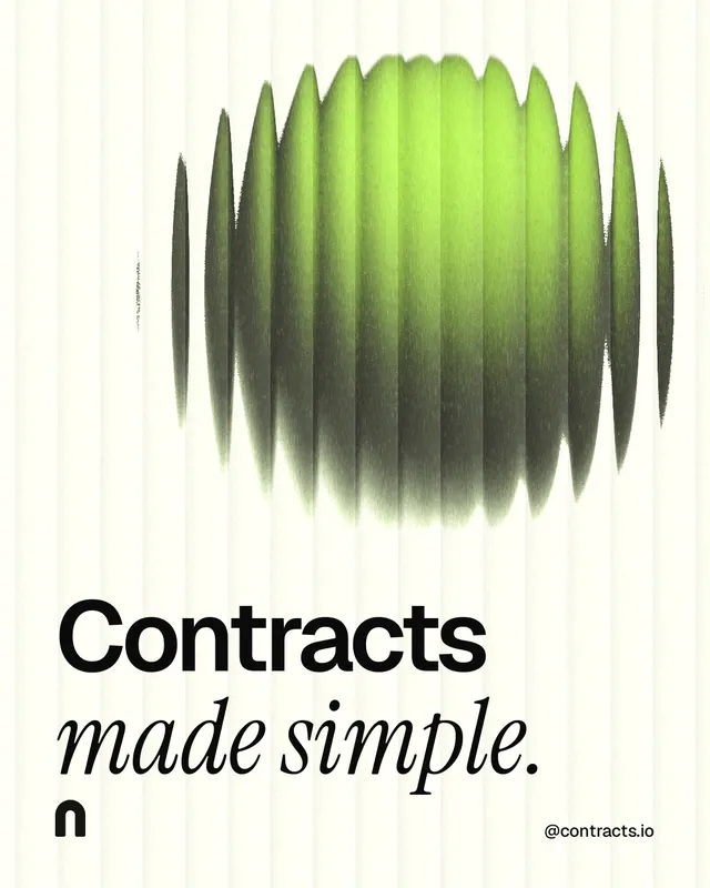 Instagram portrait post for contracts.io: "Contracts made simple." Auto 4x5 style, technique:shader field layout, light palette in white, grey, green.