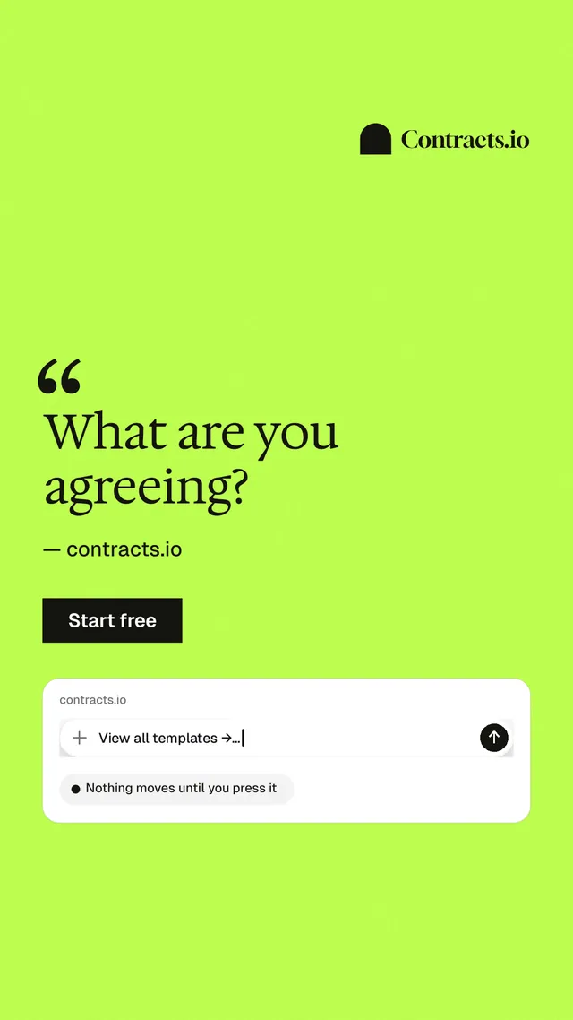 Instagram story for contracts.io: "What are you agreeing?" Swiss style, quote layout, light palette in green.