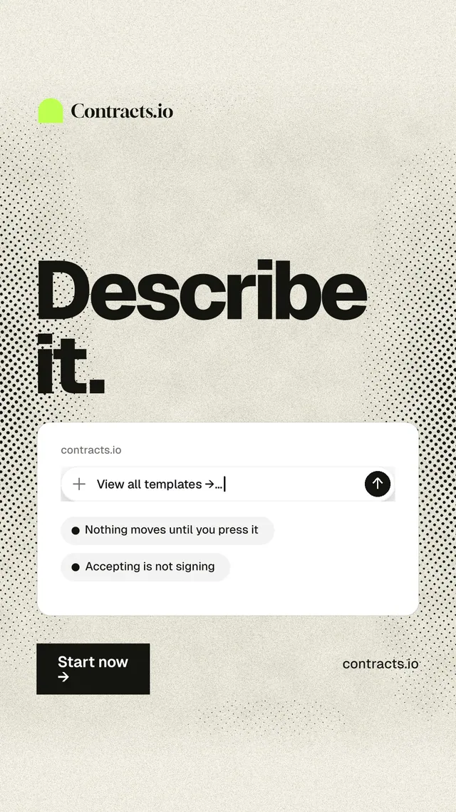 Instagram story for contracts.io: "Describe it." Ink sticker style, poster layout, light palette in yellow, white, grey.