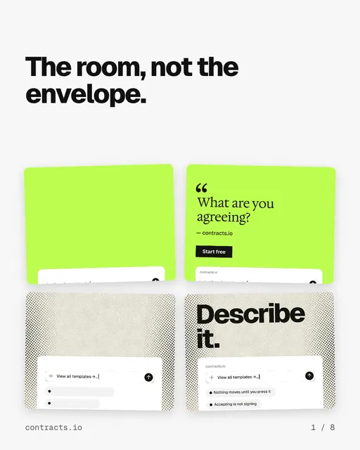 Carousel for contracts.io: "The room, not the envelope.". Collection carousel, 8 slides, light palette.
