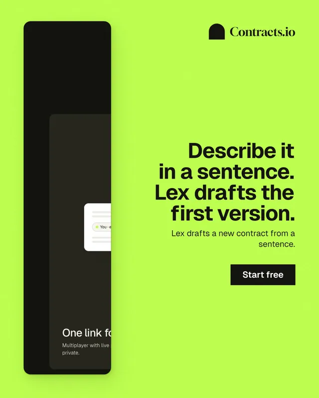 Instagram portrait post for contracts.io: "Describe it in a sentence. Lex drafts the first version." Swiss style, right layout, light palette in green, black.