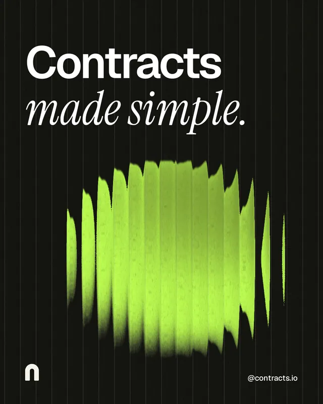 Instagram portrait post for contracts.io: "Contracts made simple." Auto 4x5 style, technique:shader field layout, dark palette in black, green.