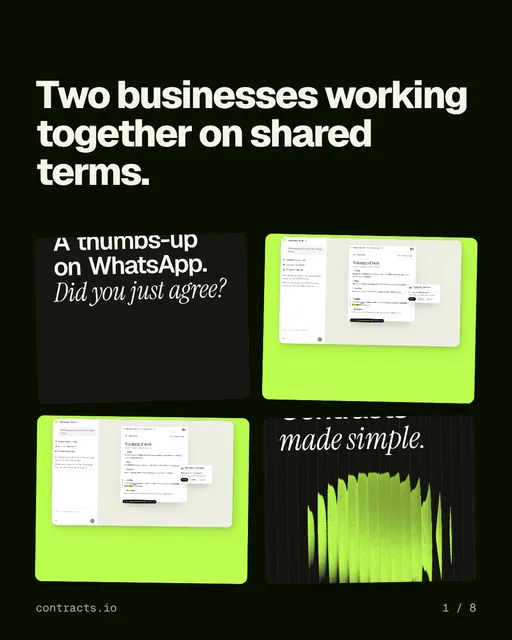Carousel for contracts.io: "Two businesses working together on shared terms.". Collection carousel, 8 slides, dark palette.