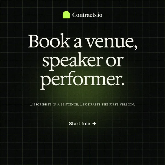 Instagram post for contracts.io: "Book a venue, speaker or performer." Phosphor atlas style, smallcaps layout, dark palette in black.