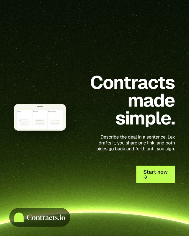 Instagram portrait post for contracts.io: "Contracts made simple." Swiss style, right layout, dark palette in green, black.