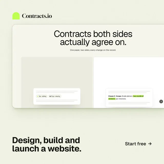 Instagram post for contracts.io: "Design, build and launch a website." Swiss style, image led layout, light palette in yellow, white, grey.