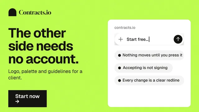 Landscape graphic for contracts.io: "The other side needs no account." Swiss style, bottom layout, light palette in green.