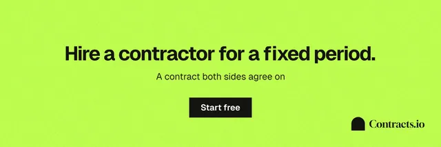 X header for contracts.io: "Hire a contractor for a fixed period." Swiss style, centred layout, light palette in green.