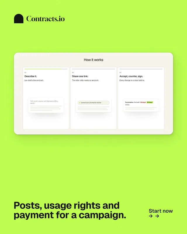Instagram portrait post for contracts.io: "Posts, usage rights and payment for a campaign." Swiss style, image led layout, light palette in green, white.