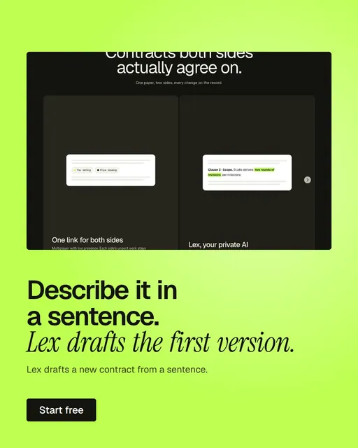 Video for contracts.io: "Describe it in a sentence. Lex drafts the first version.". Kinetic type grid, 6.0 s, light palette.