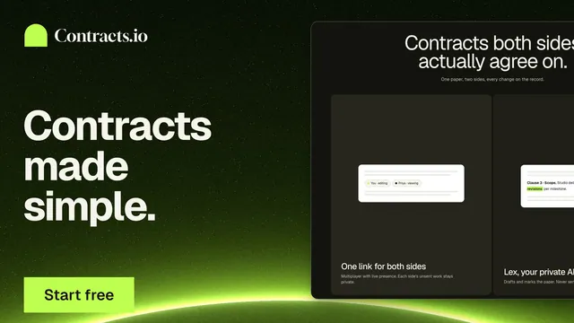 Landscape graphic for contracts.io: "Contracts made simple." Swiss style, bottom layout, dark palette in black, green.