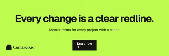 X header for contracts.io: "Every change is a clear redline." Swiss style, centred layout, light palette in green.