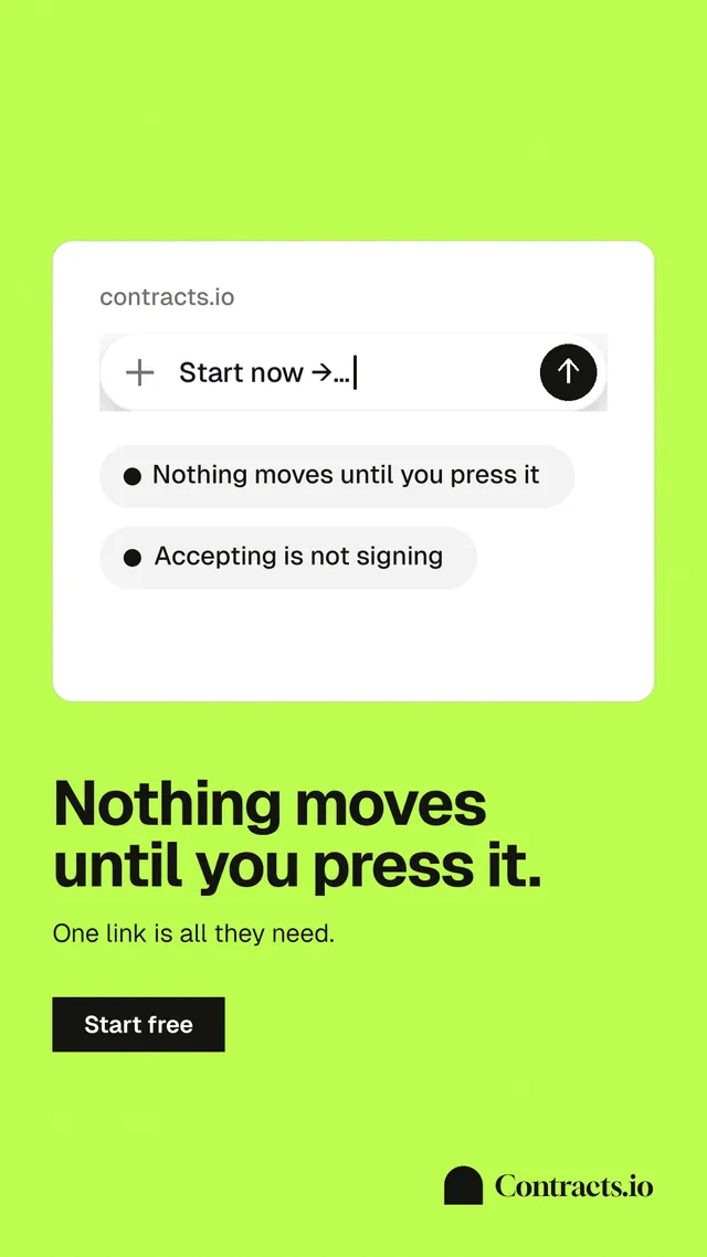 Instagram story for contracts.io: "Nothing moves until you press it." Swiss style, bottom layout, light palette in green, white.