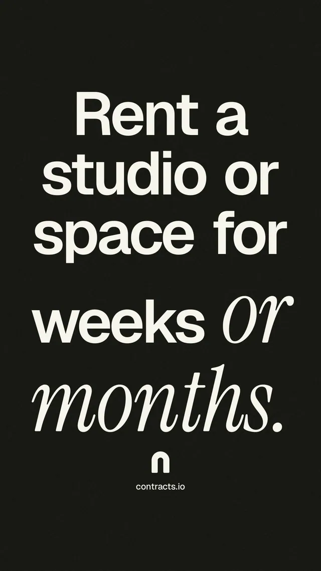 Instagram story for contracts.io: "Rent a studio or space for weeks or months." Poster style, technique:mixed type lockup layout, dark palette in black, grey.