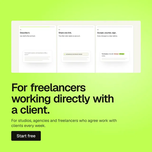 Video for contracts.io: "For freelancers working directly with a client.". Doc motion loop, 6.0 s, light palette.
