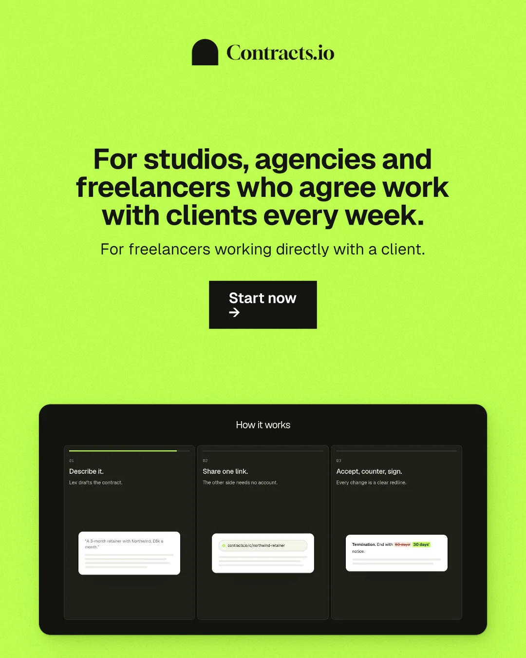 Instagram portrait post for contracts.io: "For studios, agencies and freelancers who agree work with clients every week." Swiss style, centred layout, light palette in green, black.