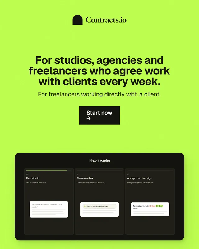 Instagram portrait post for contracts.io: "For studios, agencies and freelancers who agree work with clients every week." Swiss style, centred layout, light palette in green, black.