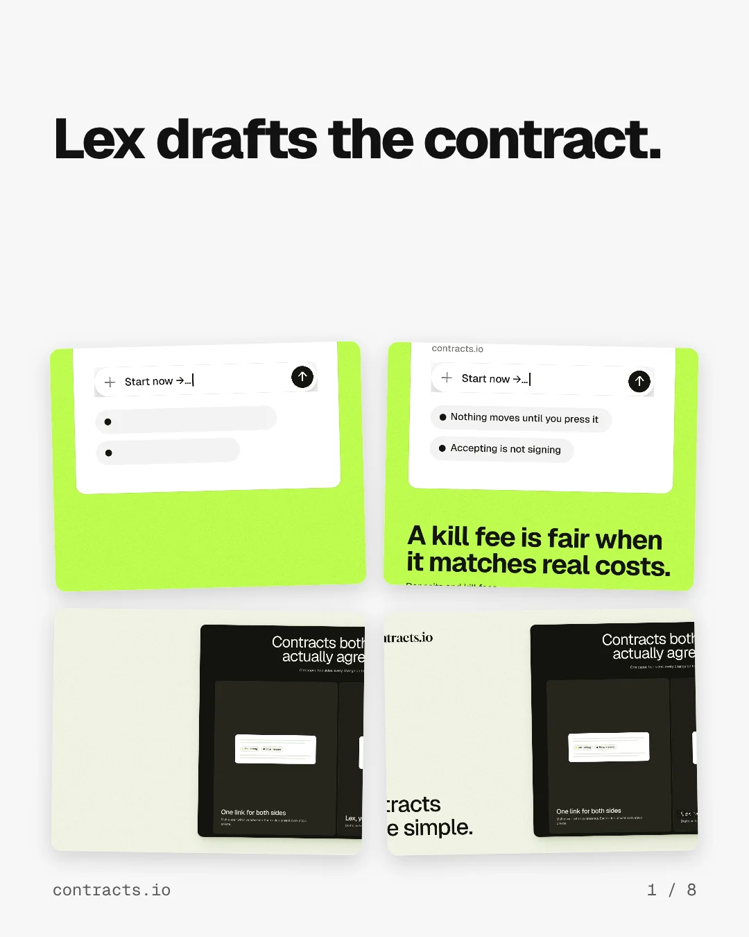 Carousel for contracts.io: "Lex drafts the contract.". Collection carousel, 8 slides, light palette.