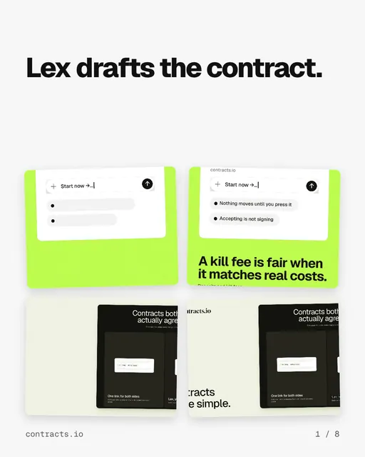 Carousel for contracts.io: "Lex drafts the contract.". Collection carousel, 8 slides, light palette.