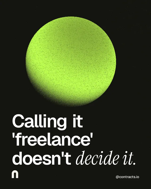 Instagram portrait post for contracts.io: "Calling it 'freelance' doesn't decide it." Auto 4x5 style, technique:shader field layout, dark palette in black, green.