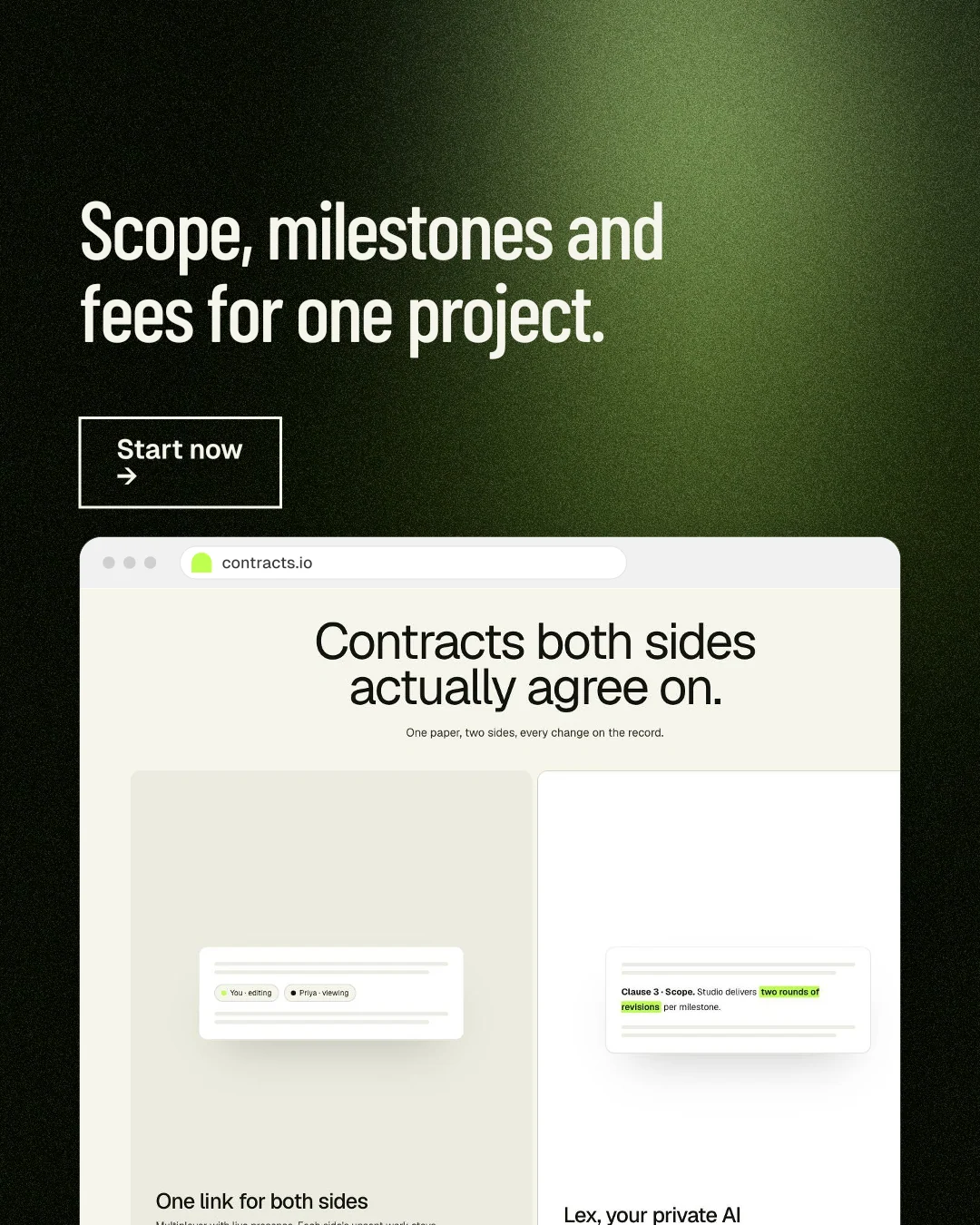Instagram portrait post for contracts.io: "Scope, milestones and fees for one project." Dark deco style, browser layout, light palette in white, black, green.