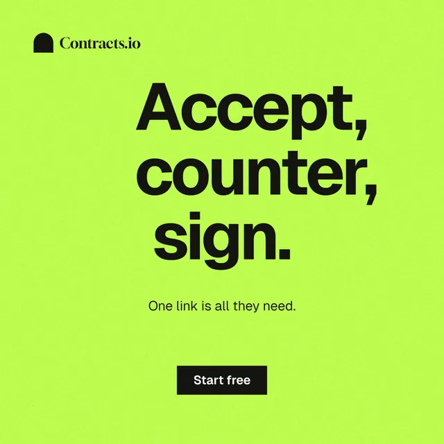 Instagram post for contracts.io: "Accept, counter, sign." Swiss style, centred layout, light palette in green.