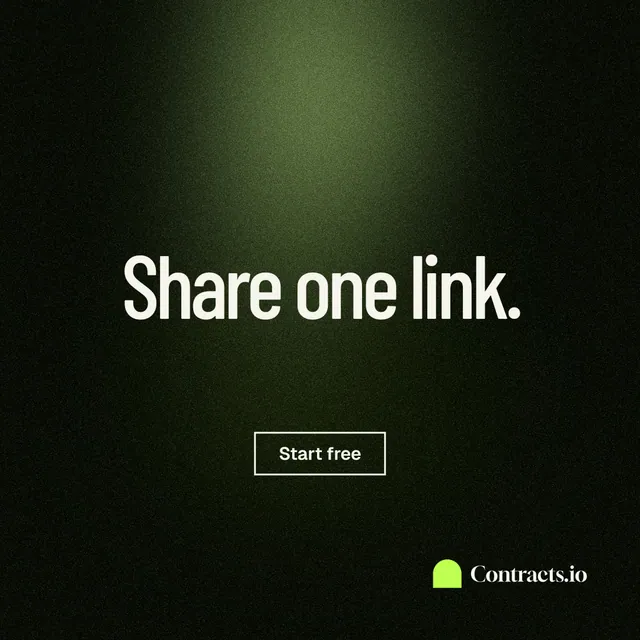 Instagram post for contracts.io: "Share one link." Dark deco style, centred layout, dark palette in black, green.