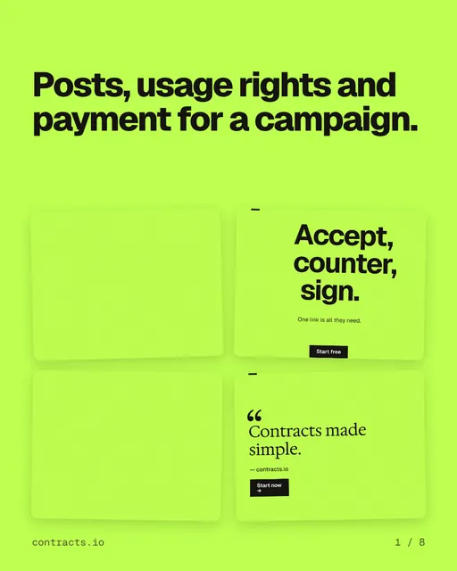 Carousel for contracts.io: "Posts, usage rights and payment for a campaign.". Collection carousel, 8 slides, light palette.