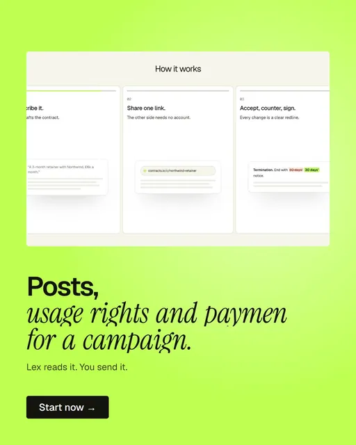 Video for contracts.io: "Posts, usage rights and payment for a campaign.". Doc motion loop, 8.0 s, light palette.