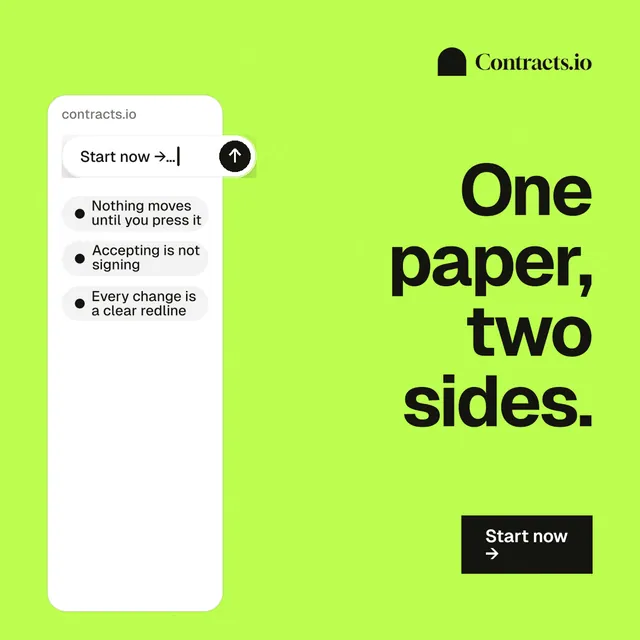 Instagram post for contracts.io: "One paper, two sides." Swiss style, right layout, light palette in green, white.