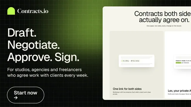 Landscape graphic for contracts.io: "Draft. Negotiate. Approve. Sign." Phosphor atlas style, bottom layout, light palette in black, green, yellow.