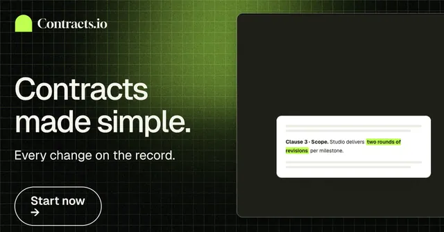 Social ad for contracts.io: "Contracts made simple." Phosphor atlas style, bottom layout, dark palette in black, green.